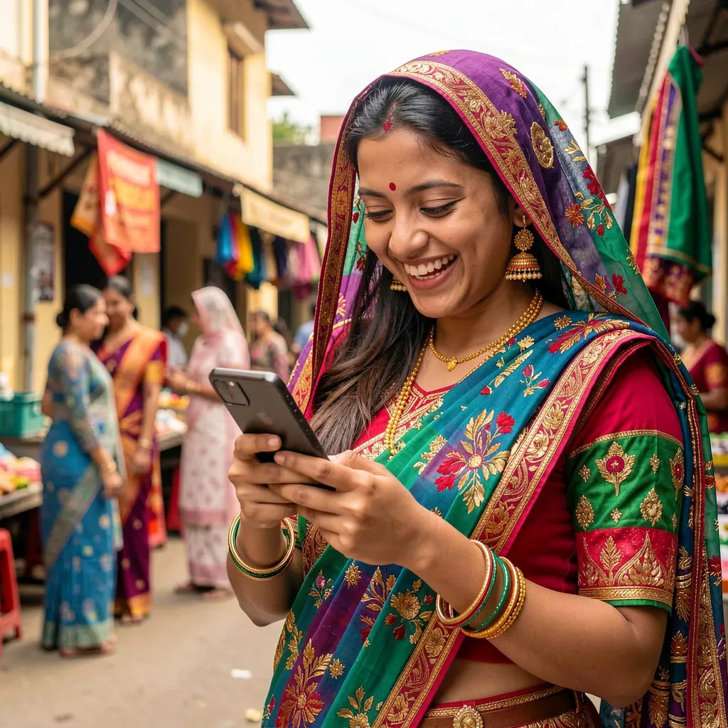 Happy Bangladeshi woman in traditional clothing smiling while using the KASH777 mobile casino app on her smartphone