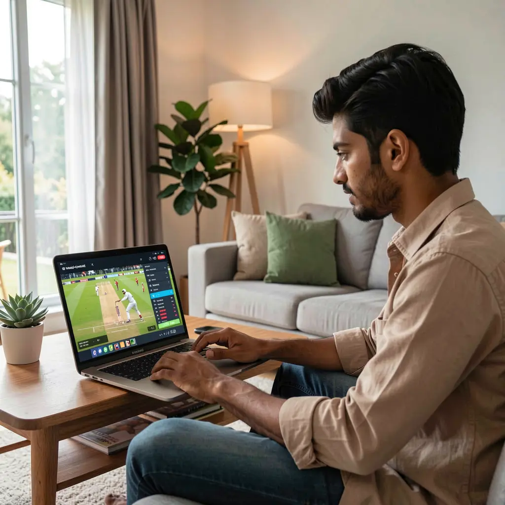 Focused Bangladeshi sports bettor analyzing live cricket odds and match statistics on the KASH777 betting platform from a modern living room