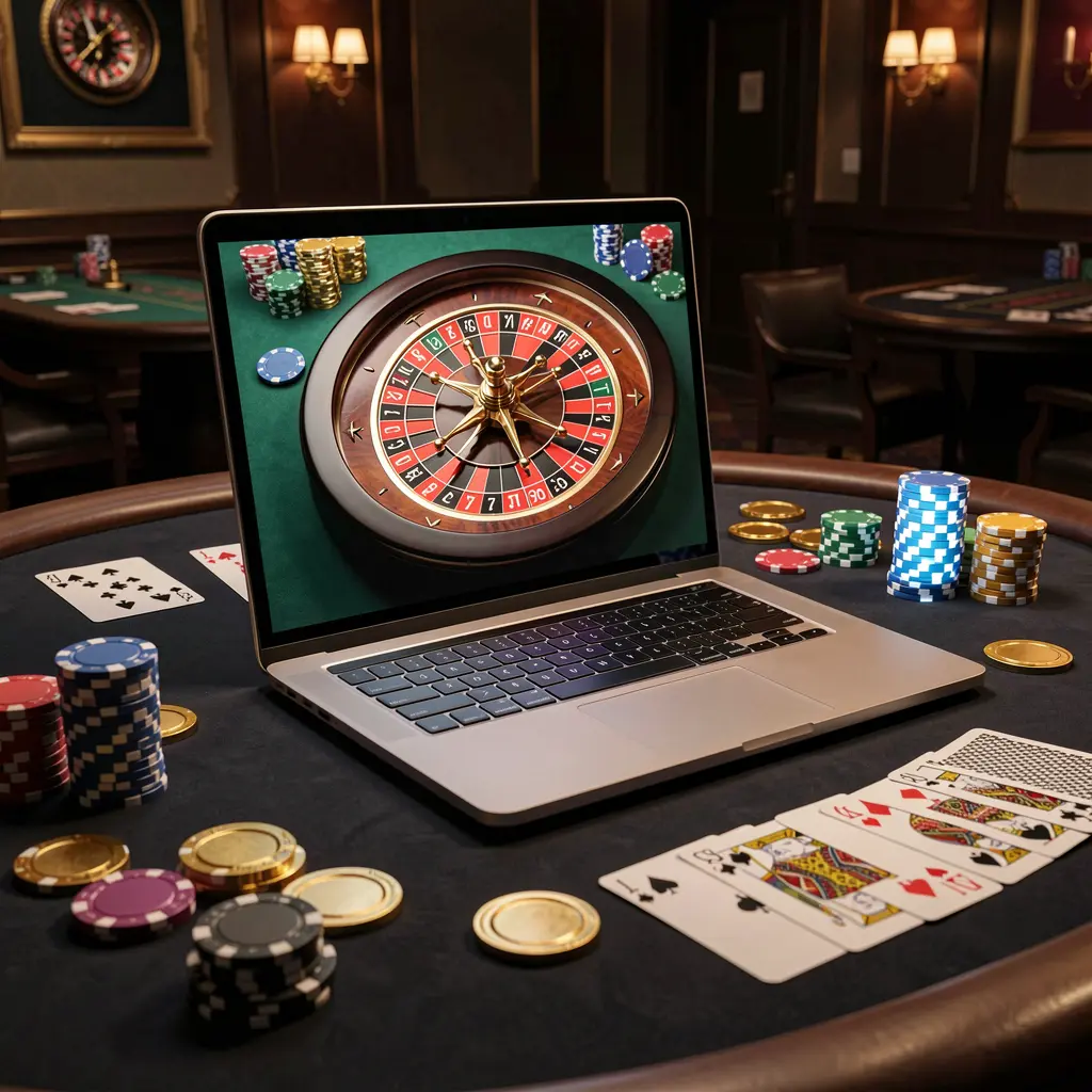 Modern laptop showing a live roulette interface with stacked casino chips and playing cards on a dark gaming table highlighting immersive online casino action at KASH777