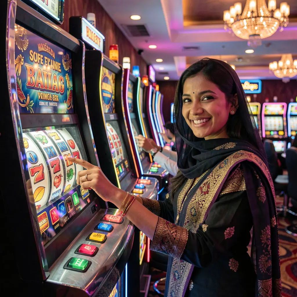 Smiling Bangladeshi woman enjoying colorful slot reels and bright casino lights while playing on KASH777 online casino platform